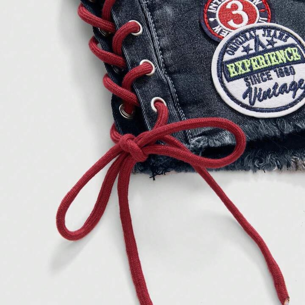 Y2K Patchwork Denim Shorts w/ Lace-Up Sides & Graphic – Festival/Rave - Picture 2 of 10